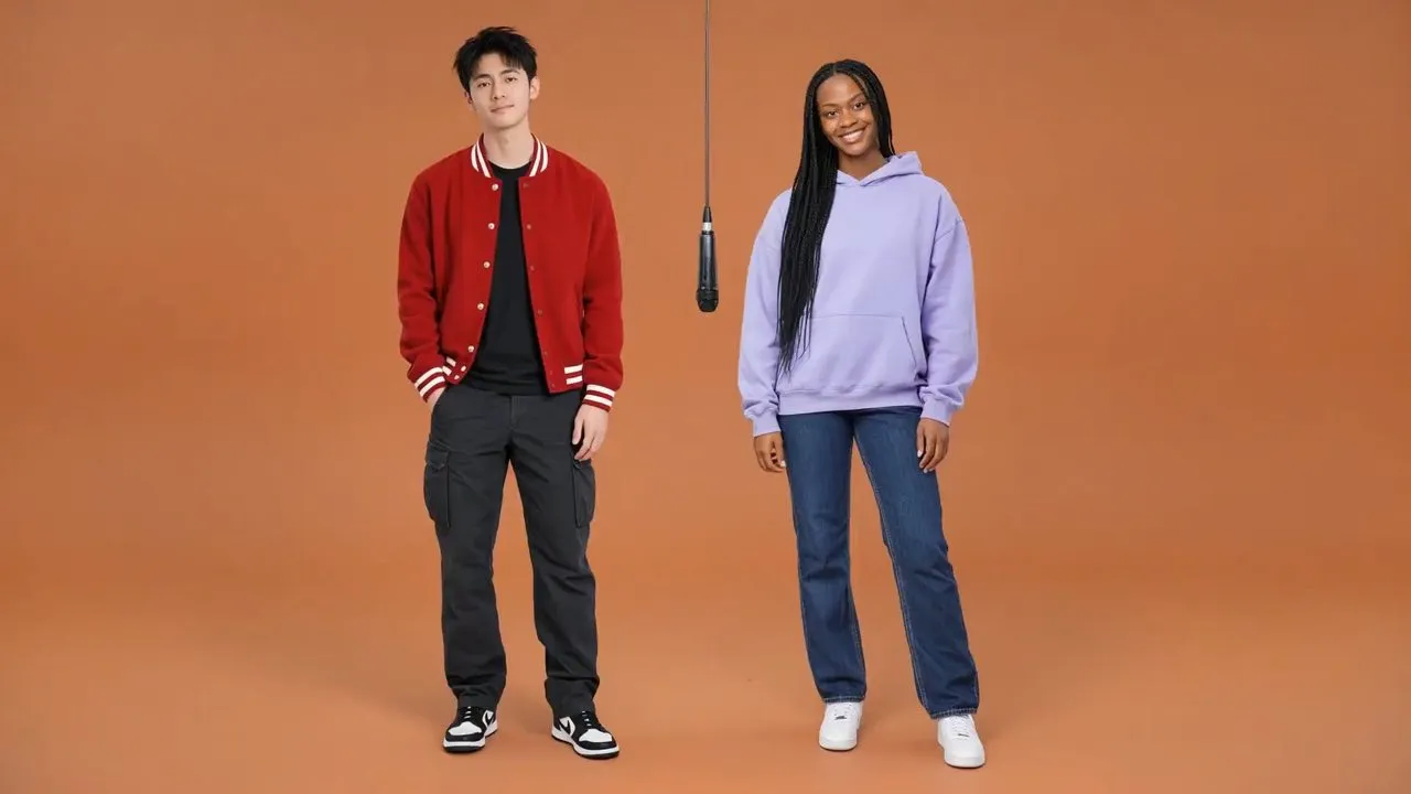 Hotel Lobby AI duet video scene: two figures side by side in a warm orange studio with a hanging microphone